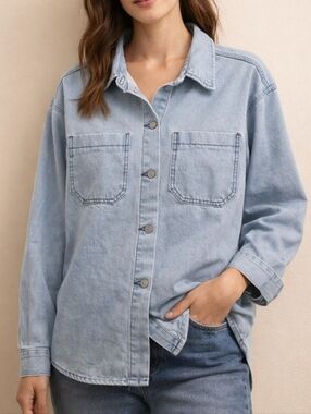 Cisono Light Wash Denim Button-Up Shirt Cotton Blend Oversized Utility Pocket